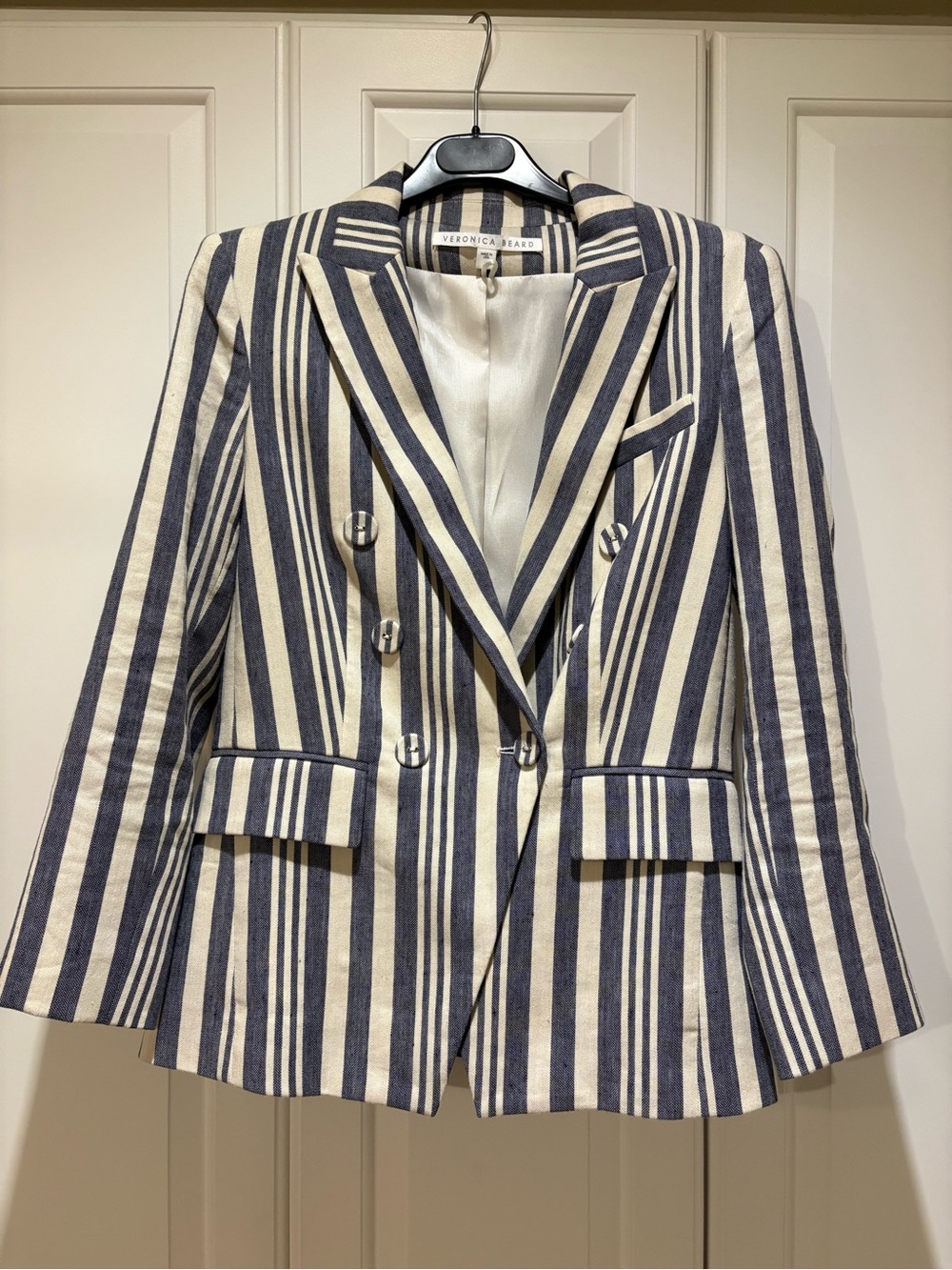 Veronica Beard Navy & Cream Striped Double-Breasted Blazer